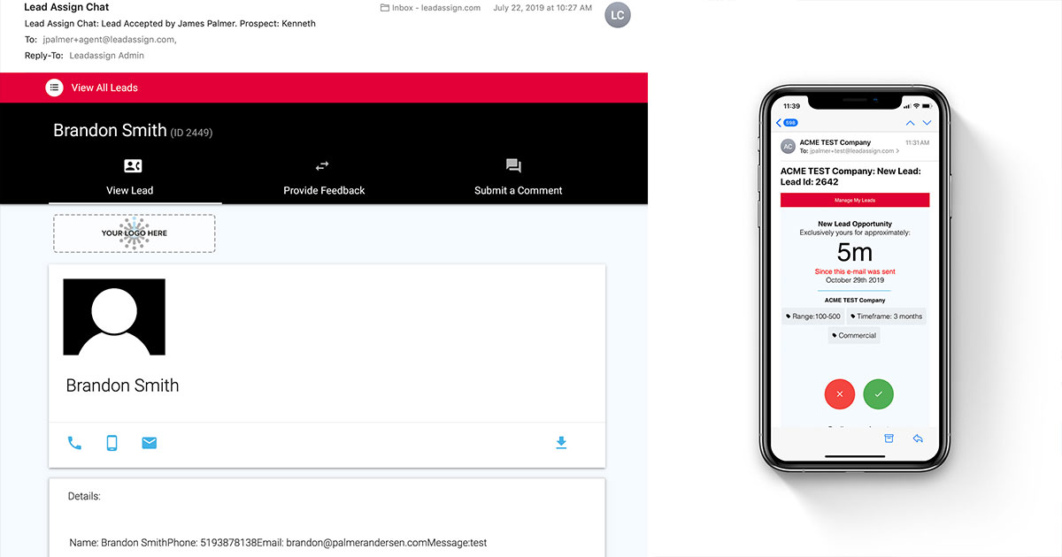 Desktop and mobile view of incoming lead from an email perspective