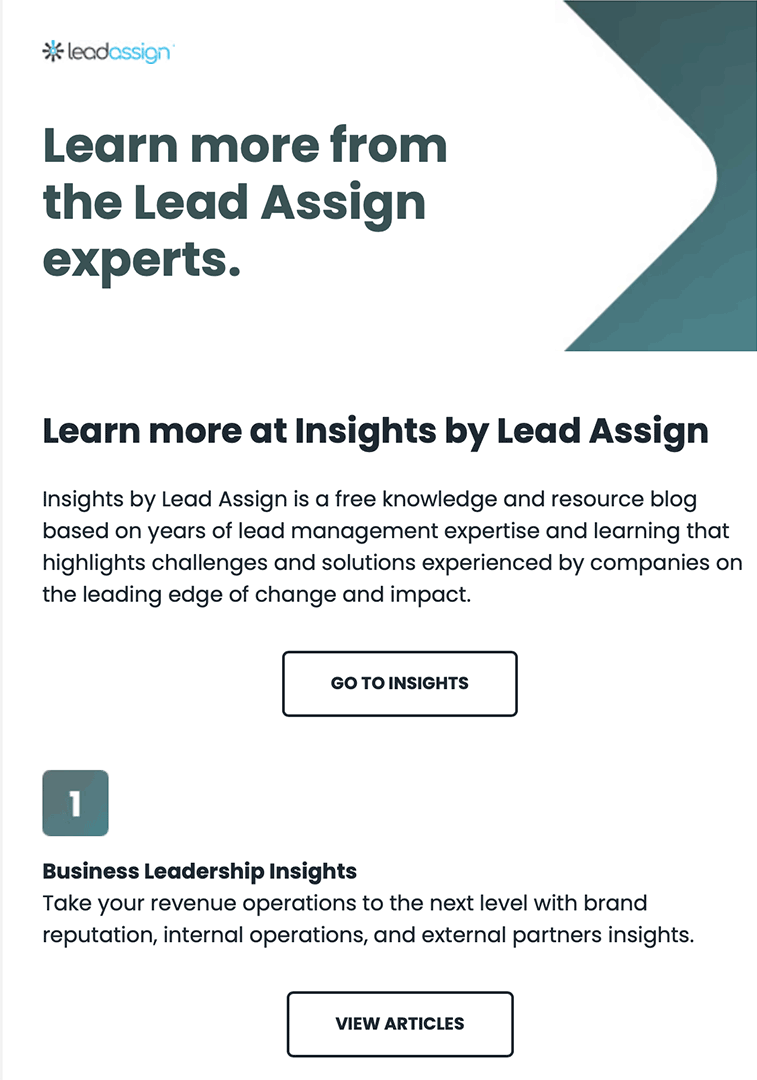 A newsletter titled "Learn more from the Lead Assign experts."