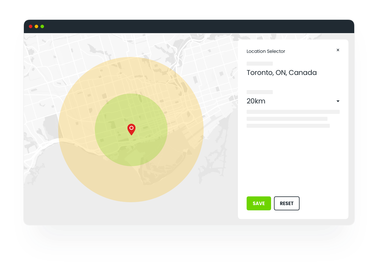Location selector function that allows you to choose a location and a radius around said location. This tool is used to route leads to the agent best fitting the leads location.