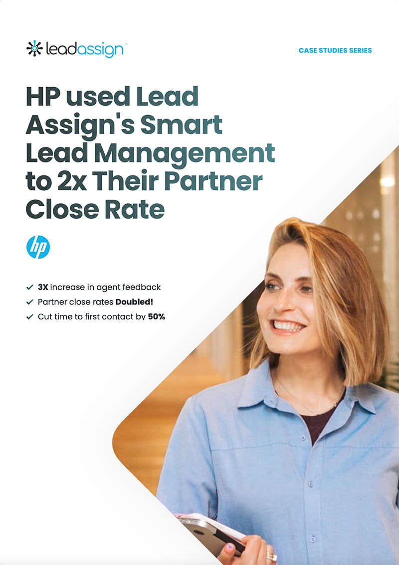 Case study eBook cover titled "HP used Lead Assign's Smart Lead Management to 2x Their Partner Close Rate."