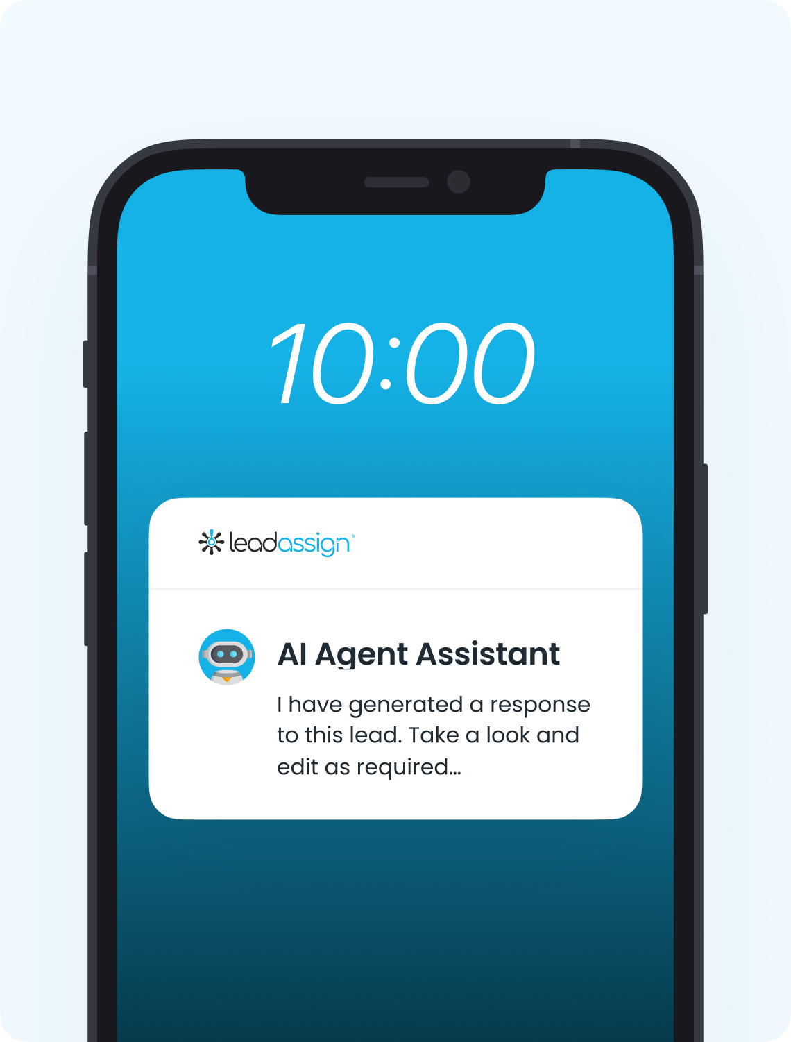 Mobile view of an alert from the AI Agent Assistant that is providing an agent with an AI generated response to a lead.